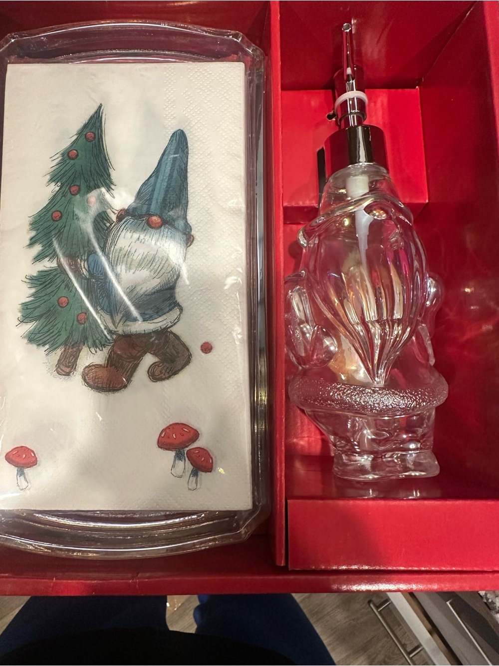 Holiday Gnome Paper Napkin and Glass soap Dispenser Set - Red Accents